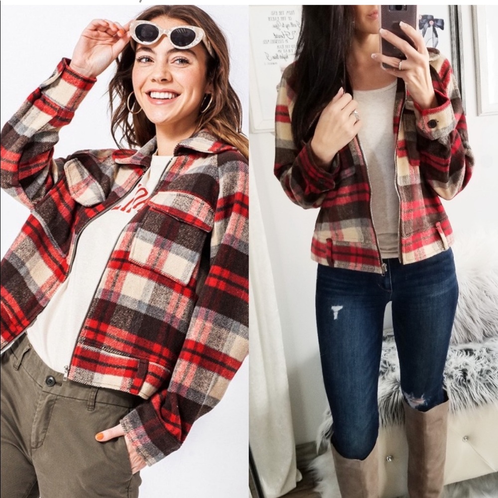Plaid Flannel Jacket w/ Pockets Red/Brown & Cream Fall Winter NEW